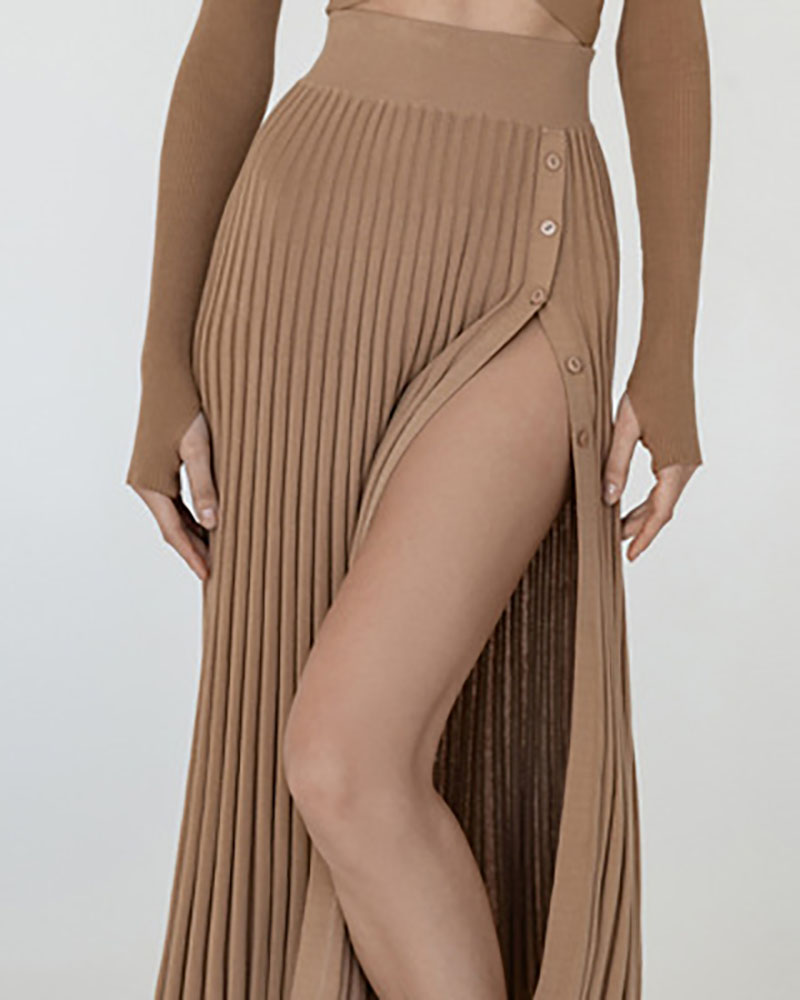 

High Waist High Slit Button Design Skirt, Coffee