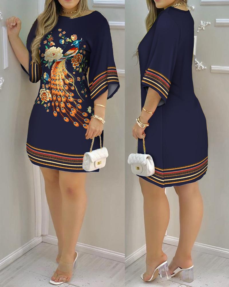 

Peacock Floral Print Round Neck Casual Dress, Dark blue