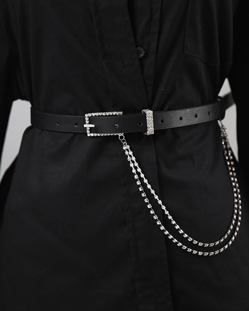 

Rhinestone Layered Chain Decor Belt, Black