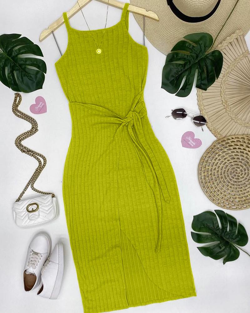 

Tied Detail Sleeveless Slit Dress, Green
