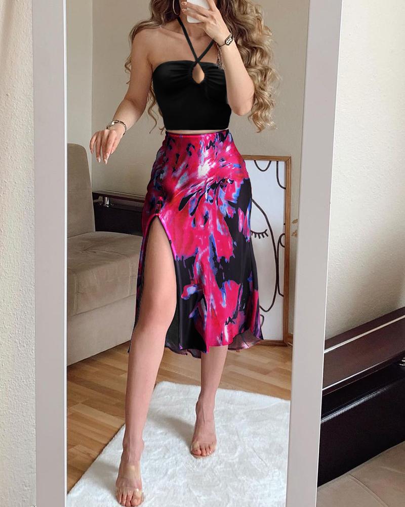 

Halter Plain Top & Slit Colorblock Midi Skirt Set, Black