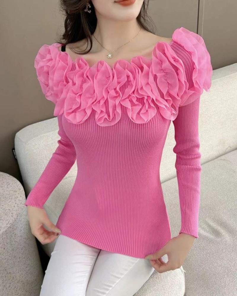 

Lace Floral Pattern Long Sleeve Knit Sweater, Pink