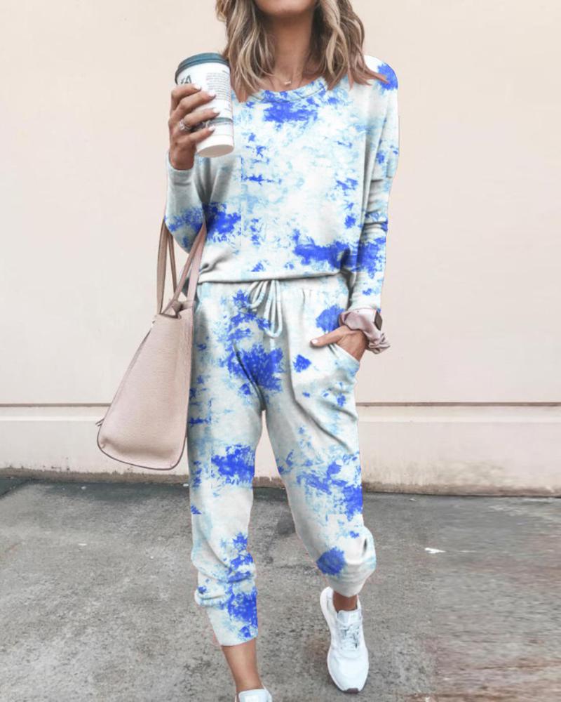 

Tie Dye Print Top & Drawstring Pants Set, Blue