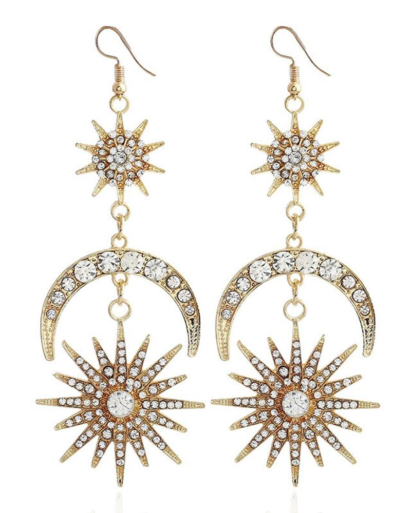 

1Pair Sun Moon Rhinestone Decor Drop Earrings, Gold