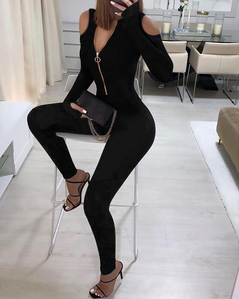 

Cold Shoulder Zip Front Long Sleeve Jumpsuit, Black