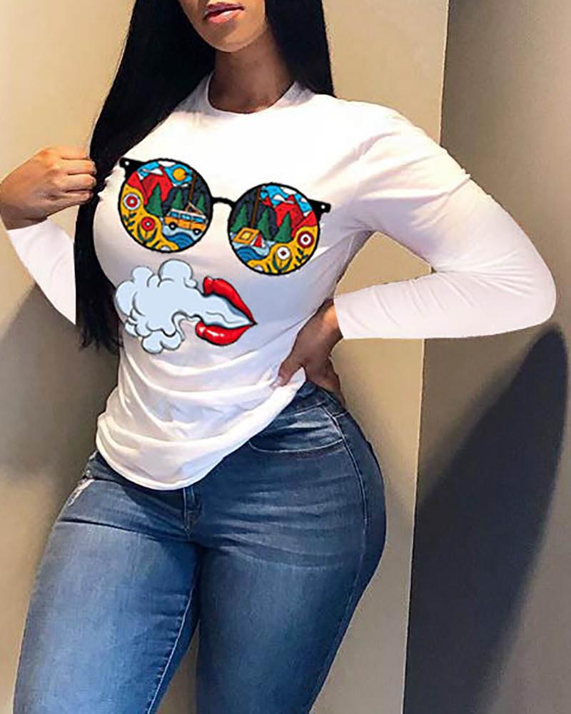 

Graphic Lip Print Long Sleeve Casual Top, White