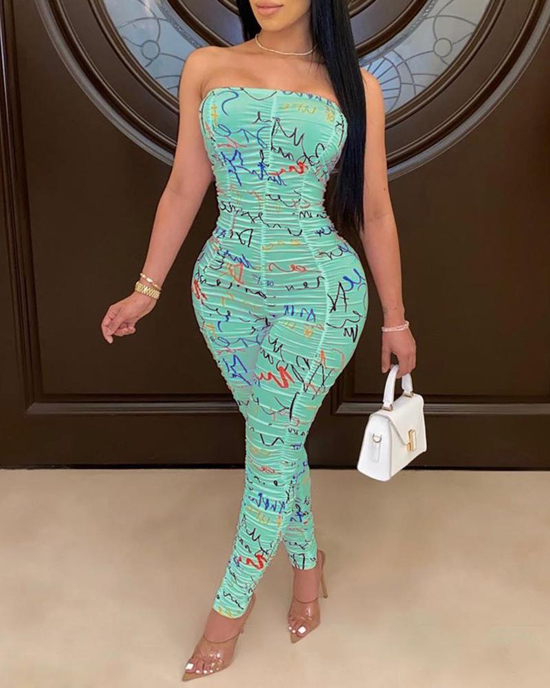 

Off Shoulder Ruched All Over Print Skinny Jumpsuit, Green