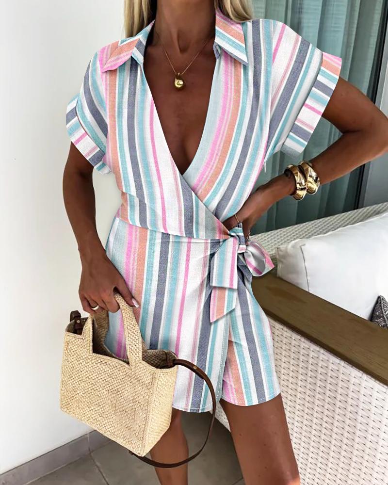 

Striped Tied Detail Turn-down Collar Overlap Romper, Multicolor