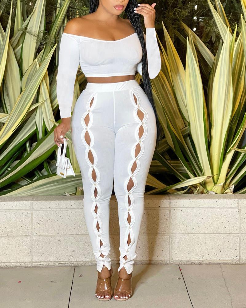 

Off Shoulder Crop Top & Buttoned Hollow Out Pants Set, White