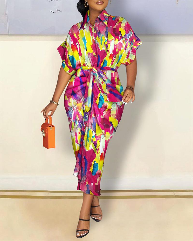 

Allover Print Ruched Button Down Shirt Dress, Multicolor