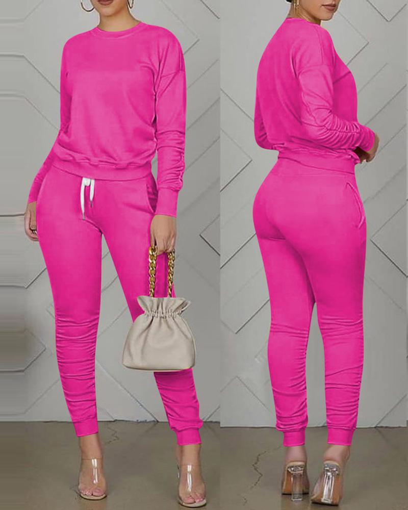 

Long Sleeve Top & Pocket Design Drawstring Pants set, Hot pink