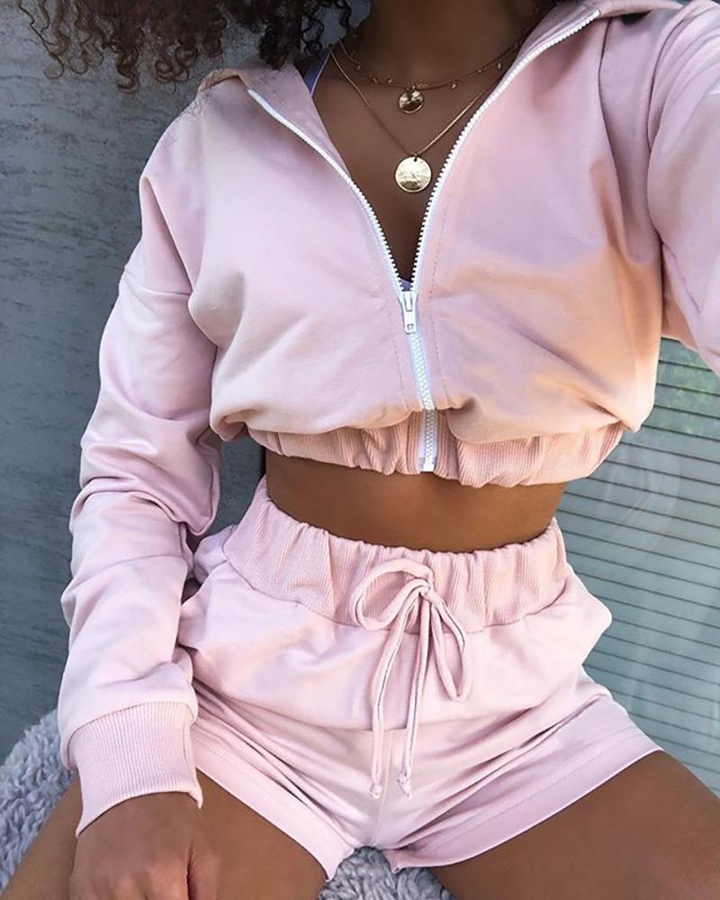 

Zipper Design Hooded Crop Top & Drawstring Shorts Set, Pink