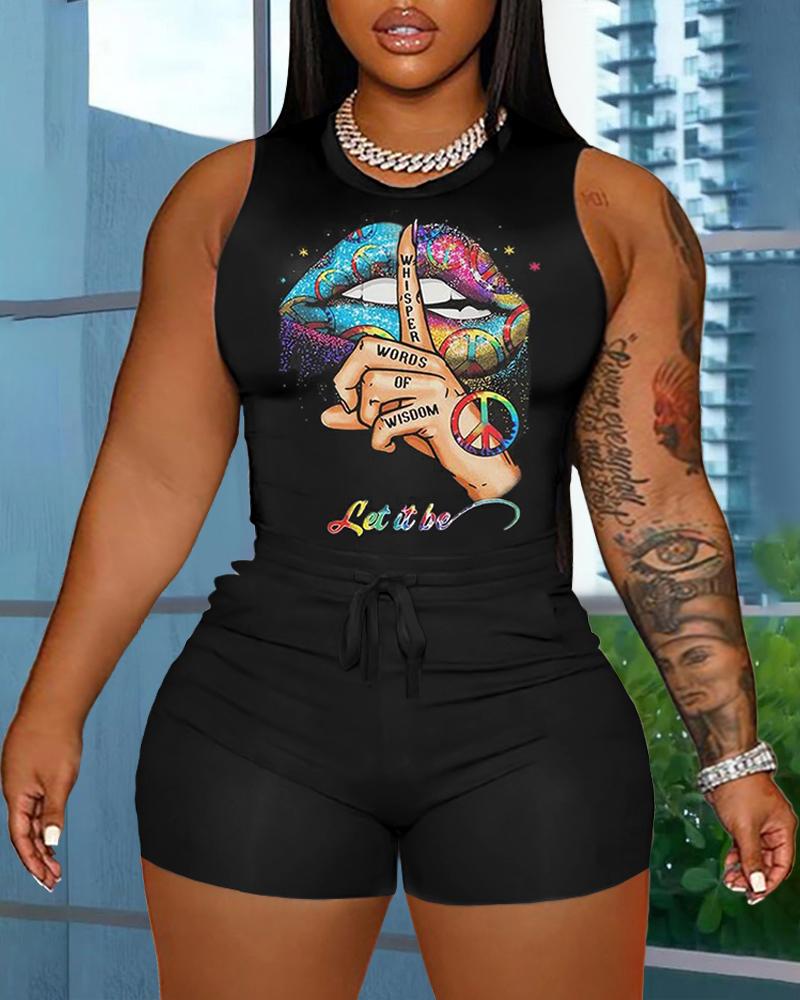 

Plus Size Lip Slogan Print Tank Top & Shorts Set, Black