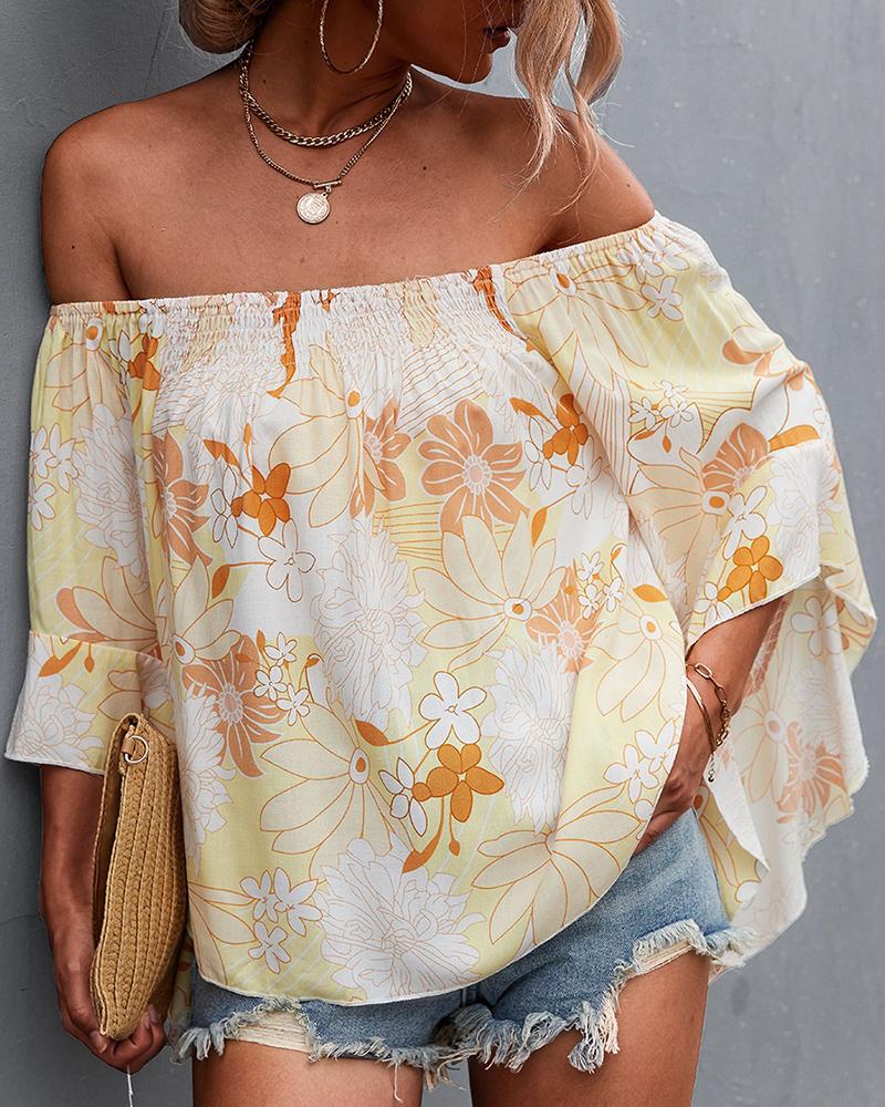 

Off Shoulder Batwing Sleeve Floral Print Top, Beige