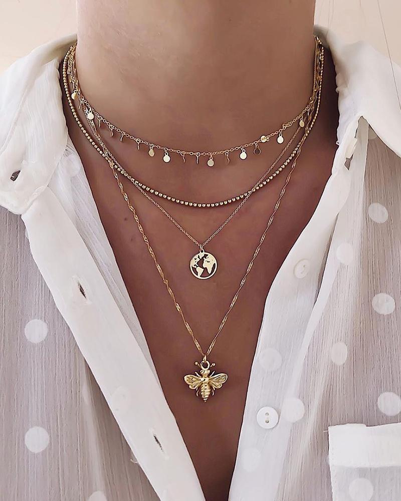 

Bee & Map & Disc Pendant Necklace, Gold