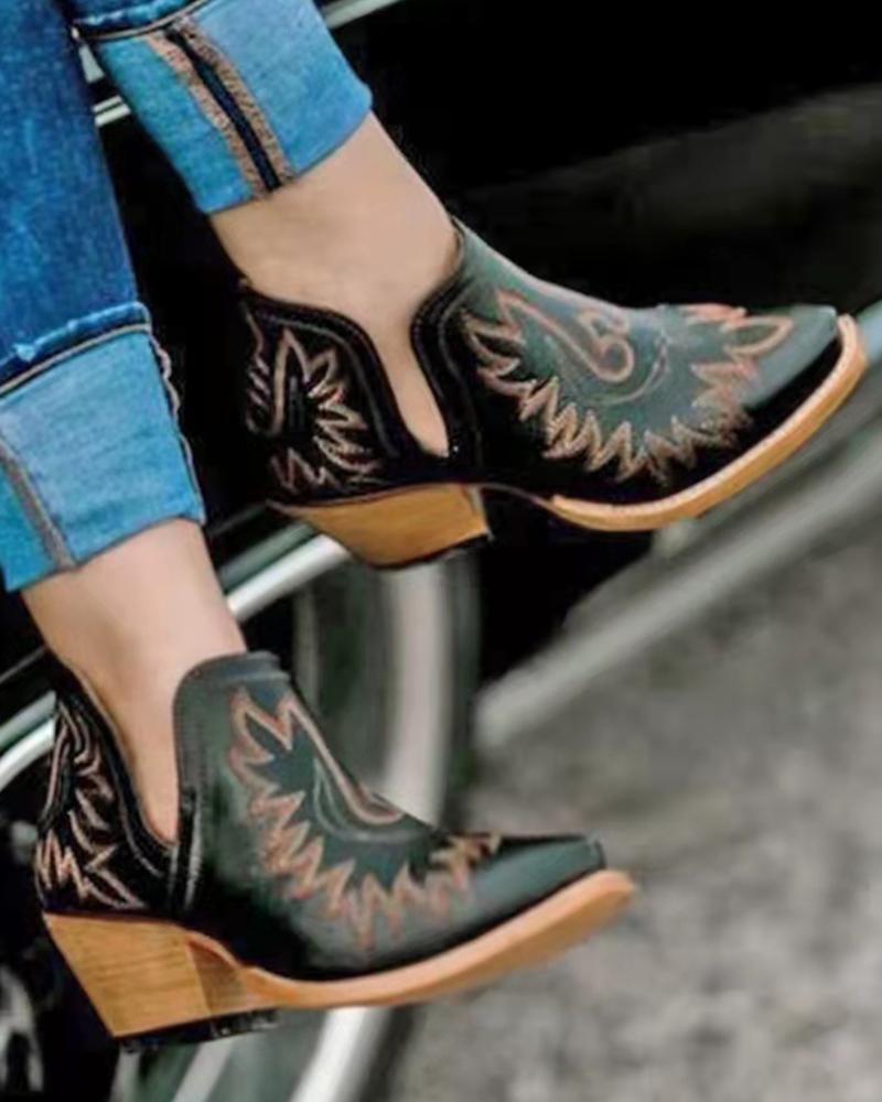 

Vintage Embroidery Chunky Ankle Boots, Black