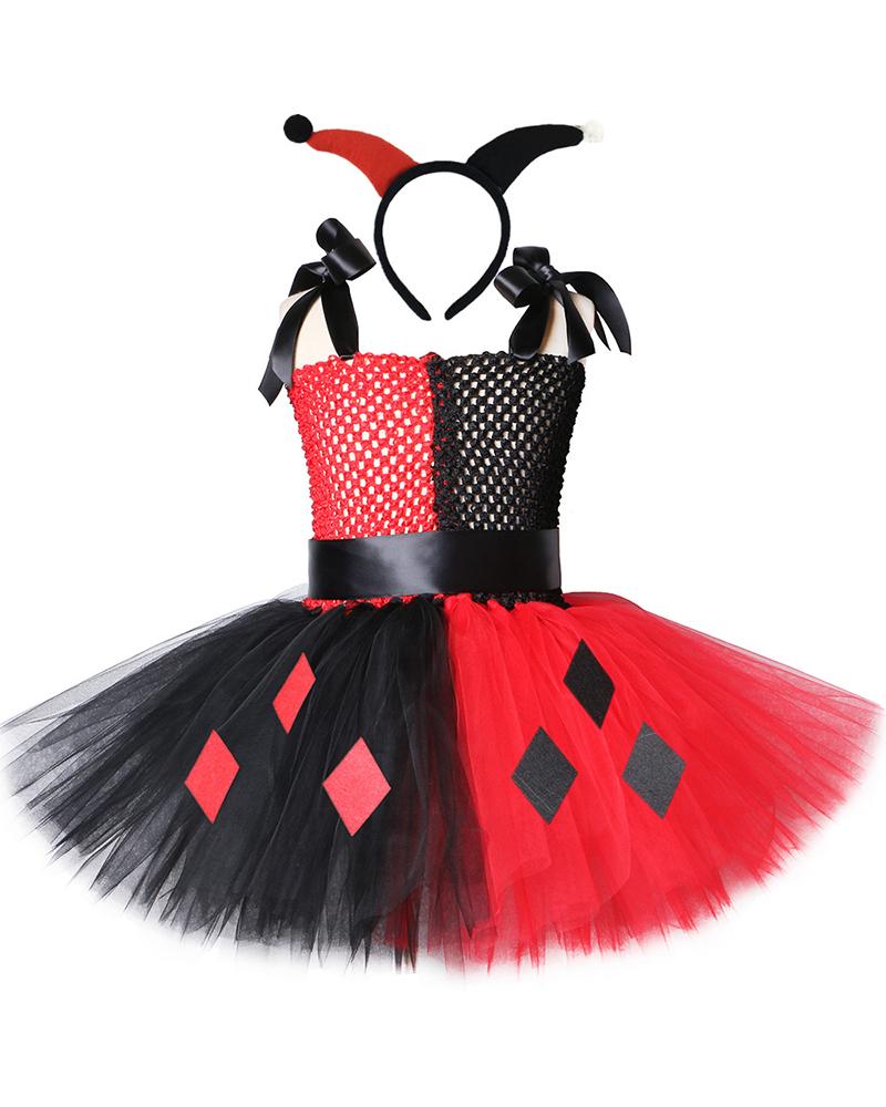 

Halloween Cosplay Super Villains Harley Quinn Colorblock Kids' Costume Tutu Dress With Headband, Red