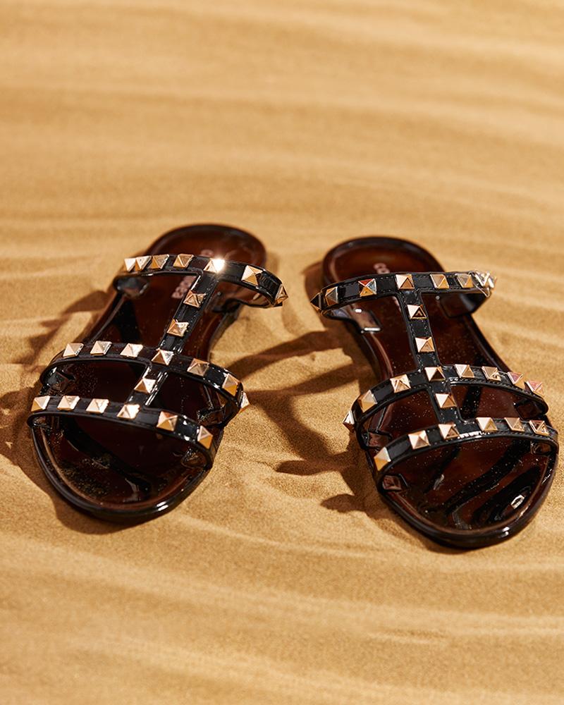 

Rivet Decor Open Toe Slide Slippers, Black