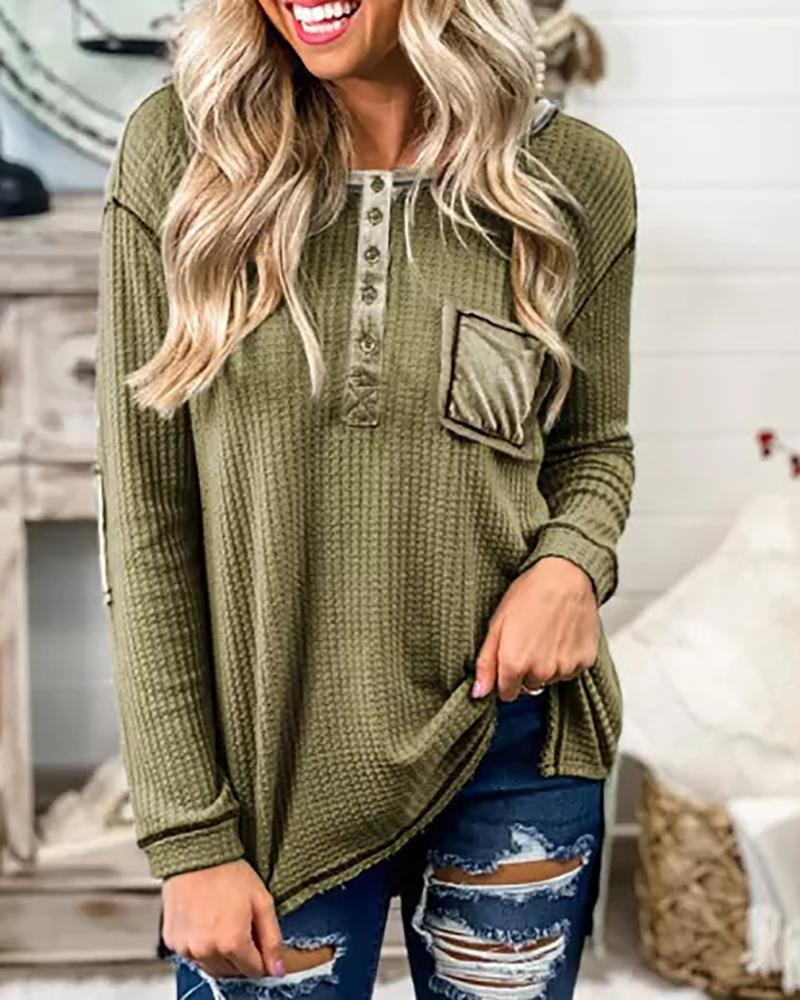 

Waffle Knit Pocket Design Buttoned Long Sleeve Top, Green