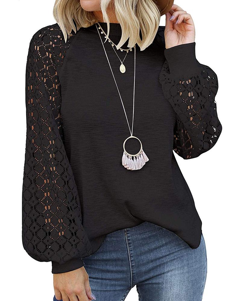 

Lantern Sleeve Hollow Out Top, Black