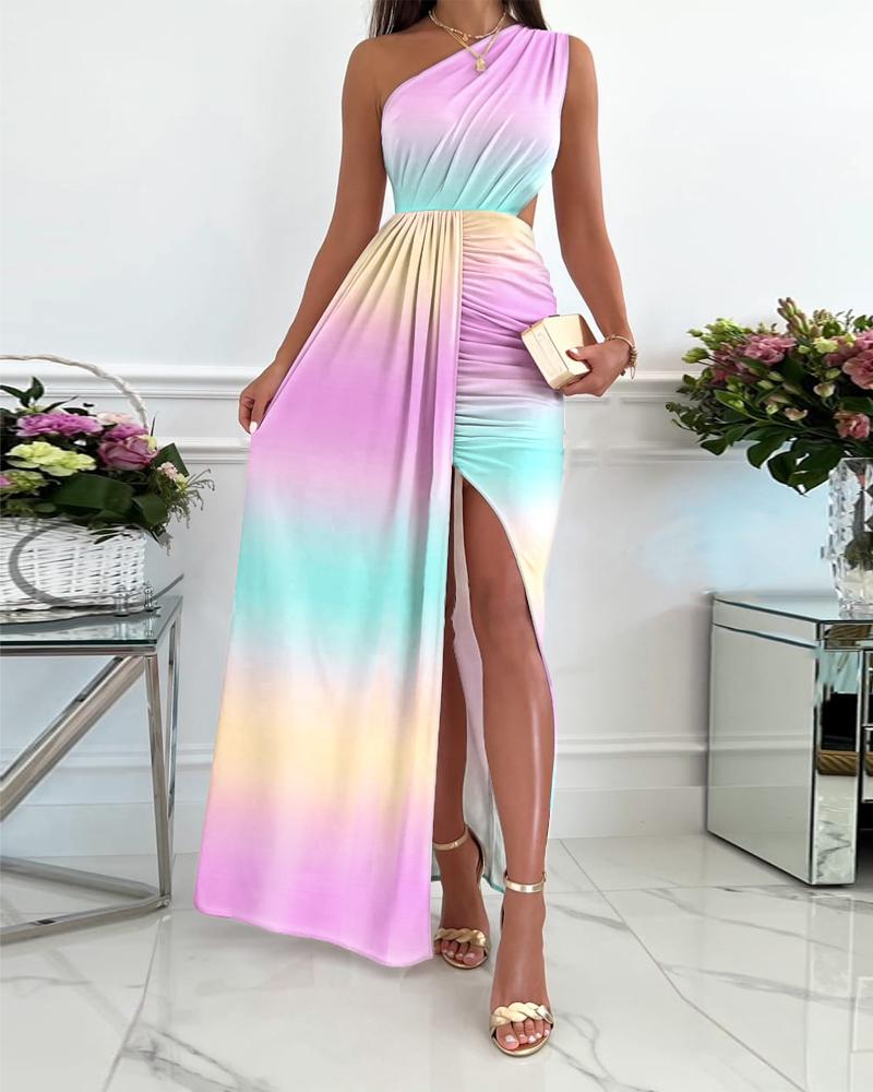 

Ombre One Shoulder Cutout Ruched High Slit Prom Dress, Multicolor