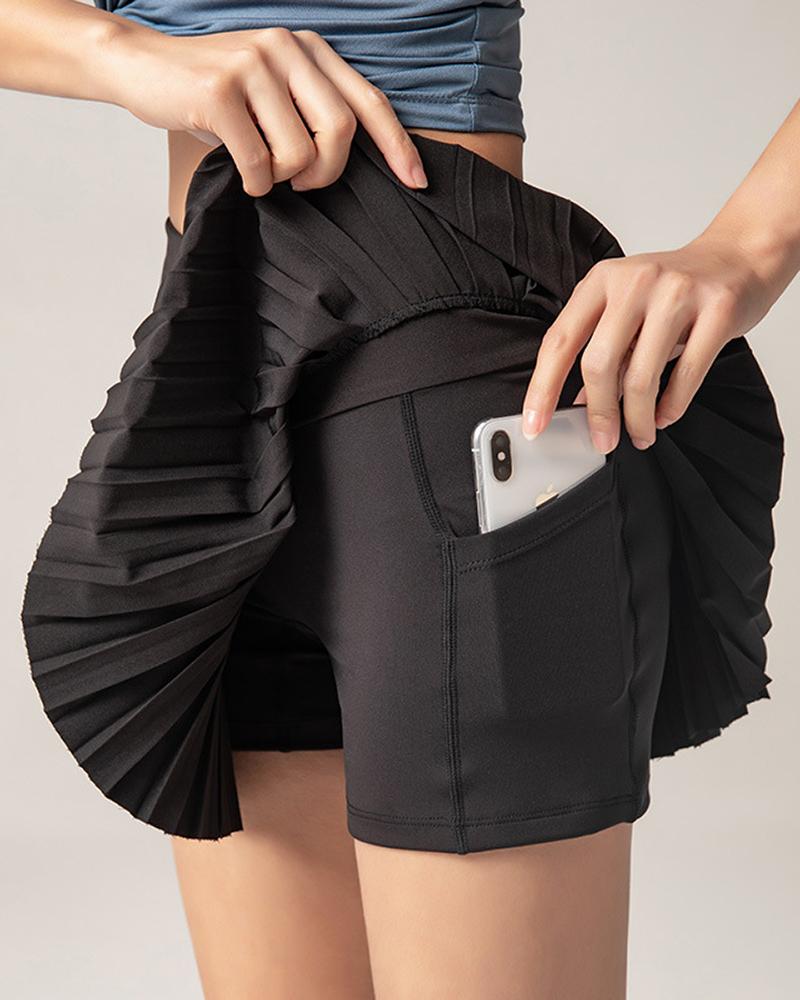 

Contrast Paneled Pleated Pocket Design Skorts, Black