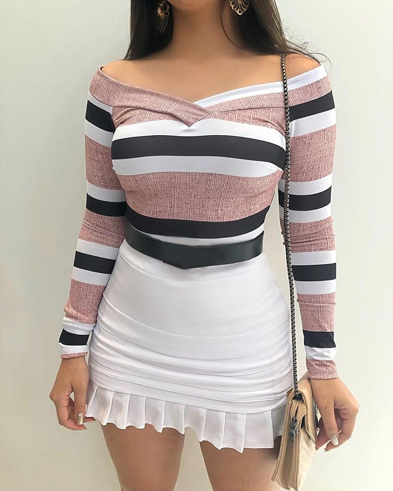 

Off Shoulder Striped Top & Ruffles Skirt Set, Pink