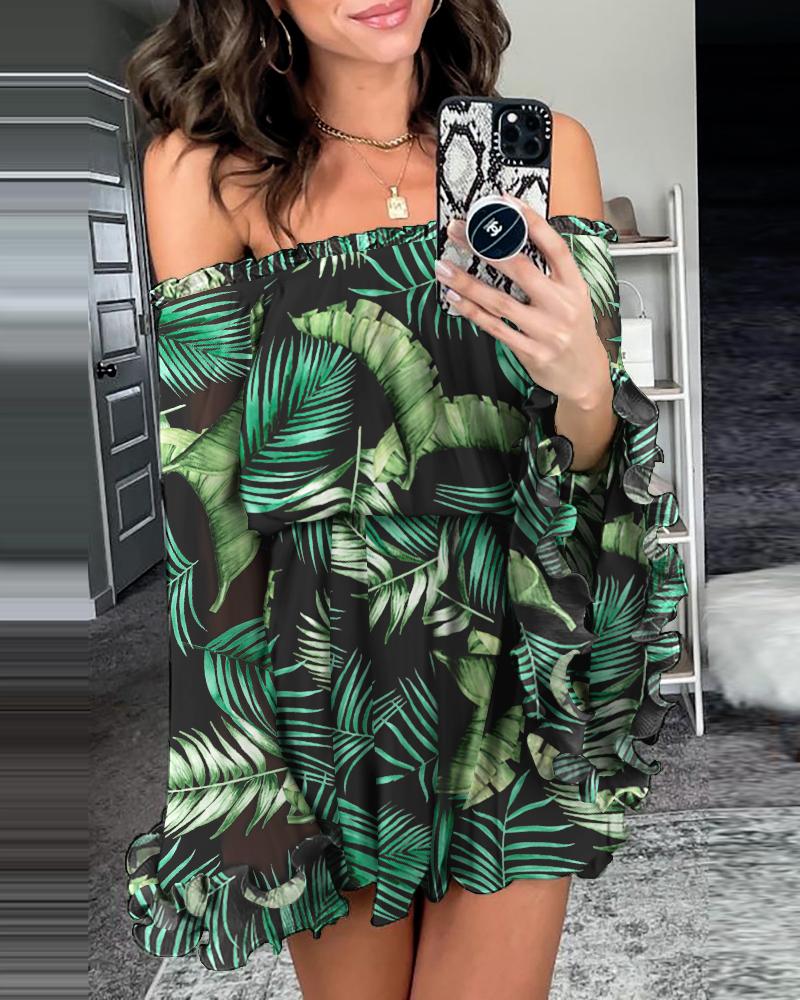 

Tropical Print Off Shoulder Ruched Bell Sleeve Casual Dress, Green