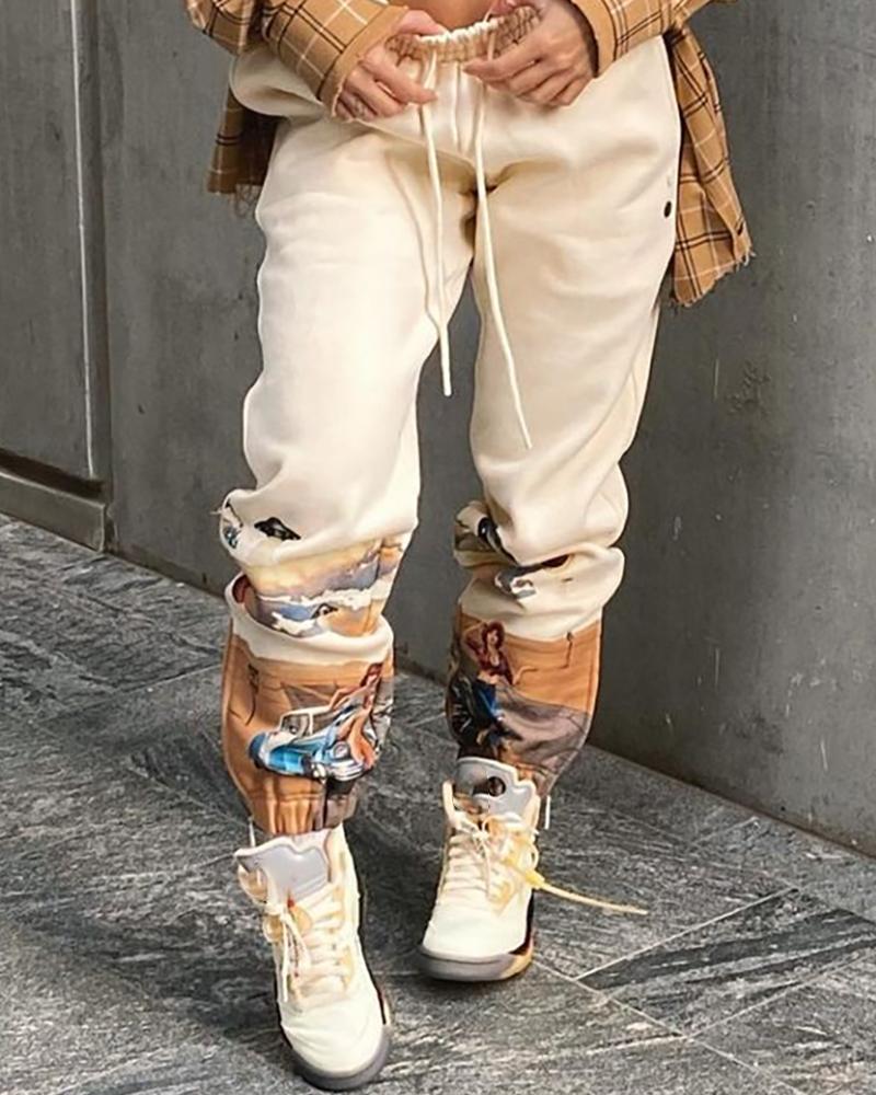

Graphic Print Drawstring Casual Pants, Beige