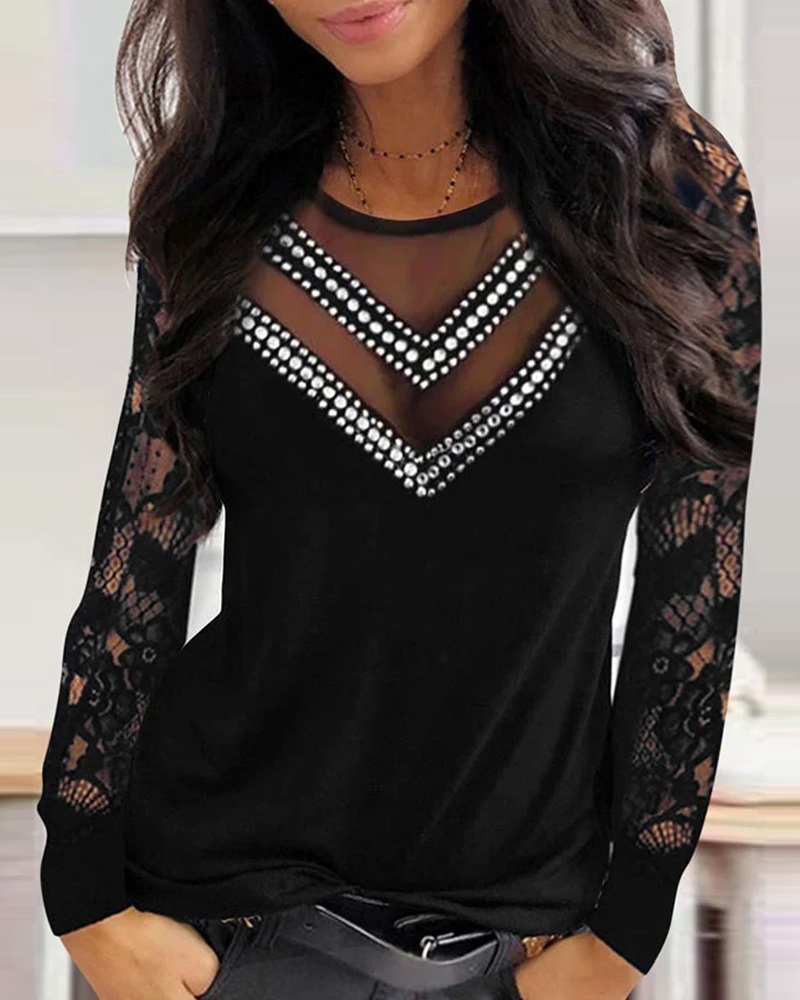 

Rhinestone Contrast Lace Long Sleeve Top, Black