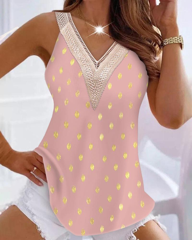 

Metallic Polka Dot Contrast Lace Tank Top, Pink