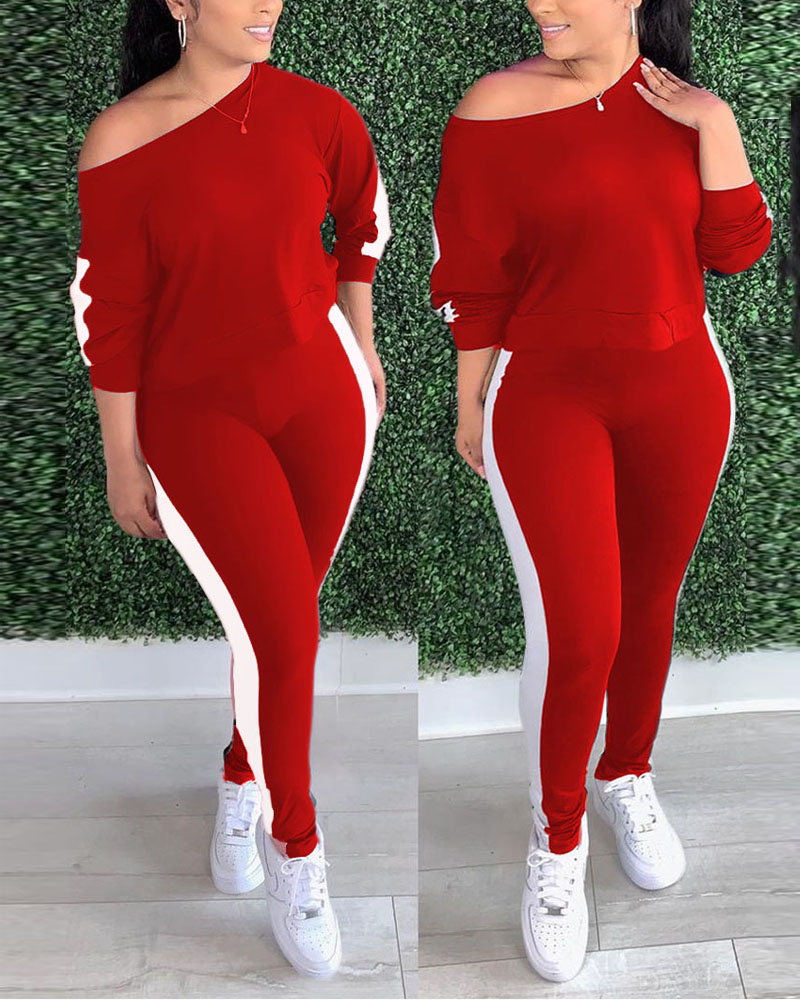 

Striped Patchwork Long Sleeve Top & Pants Set, Red