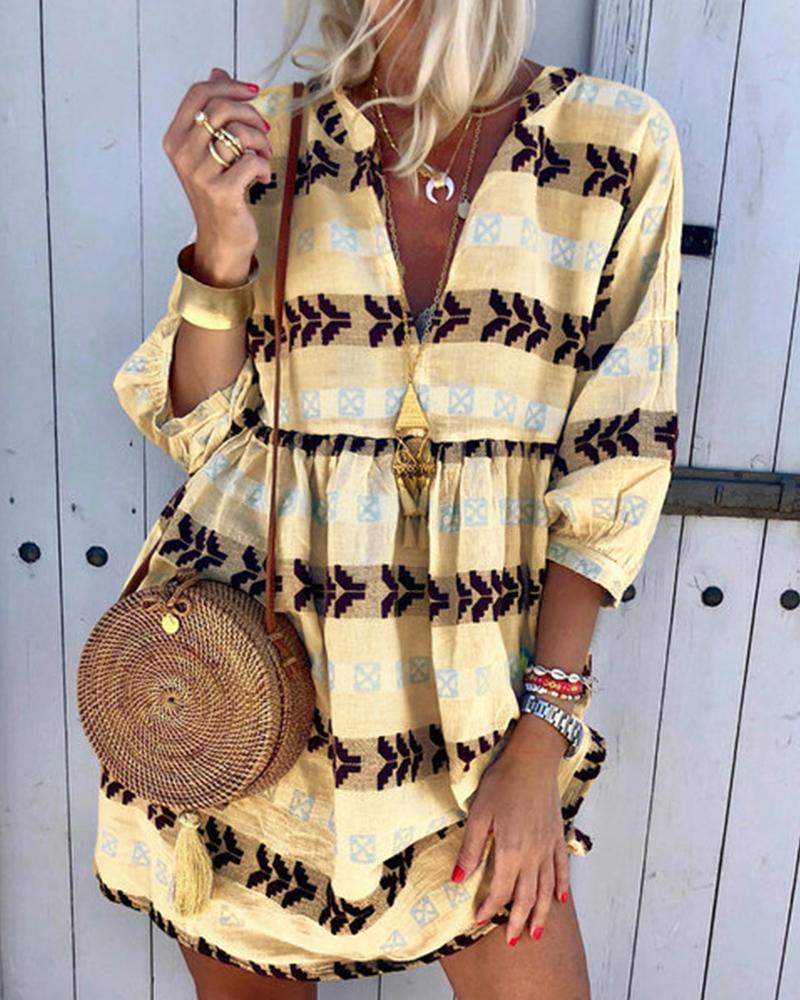

Ethnic Print V Neck Dress, Yellow