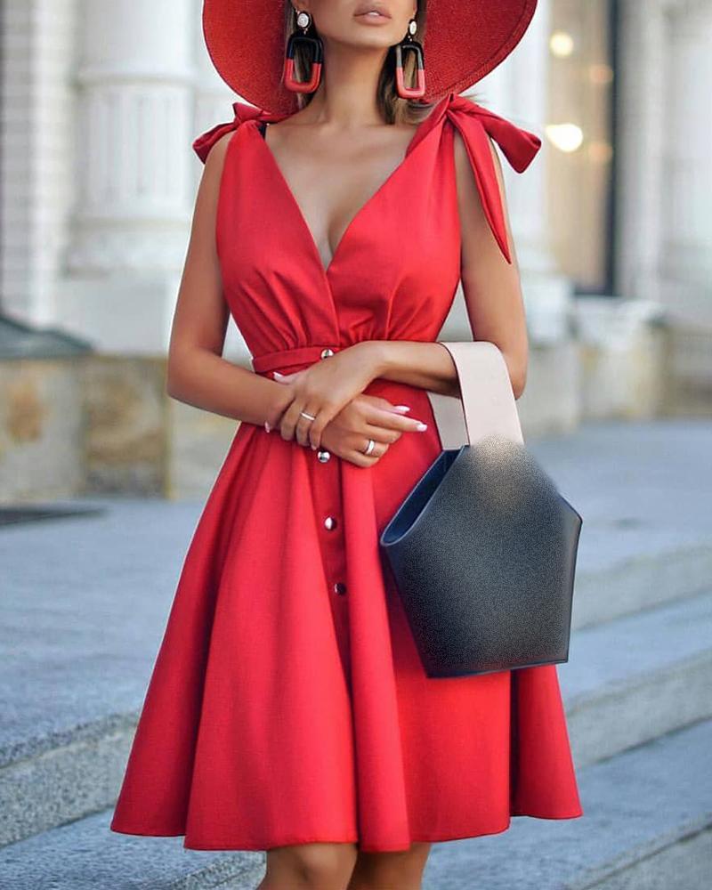 

Tied Detail Button Front Sleeveless Party Dress, Red