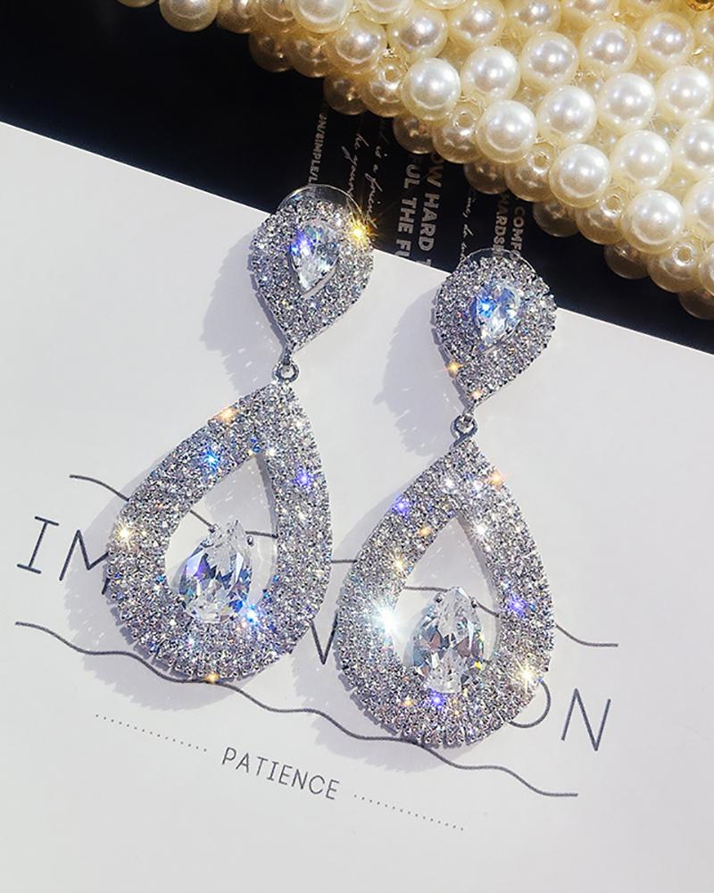 

1Pair Hollow Out Water Drop Rhinestone Earrings, Silver