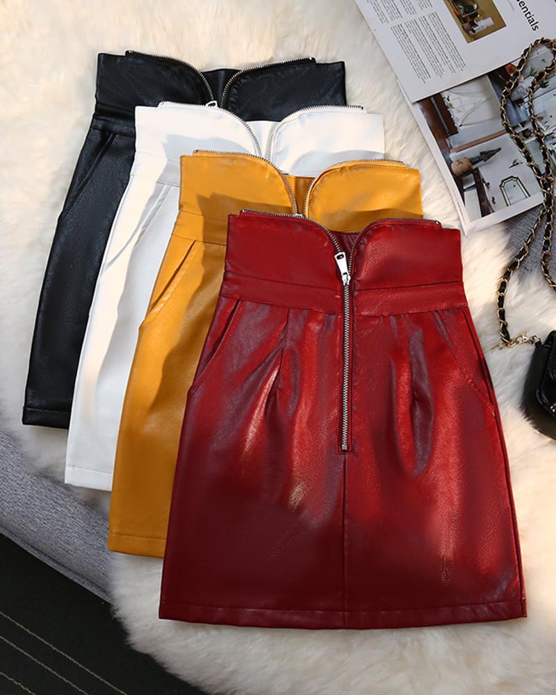 

High Waist PU Leather Zipper Design Skirt, Red