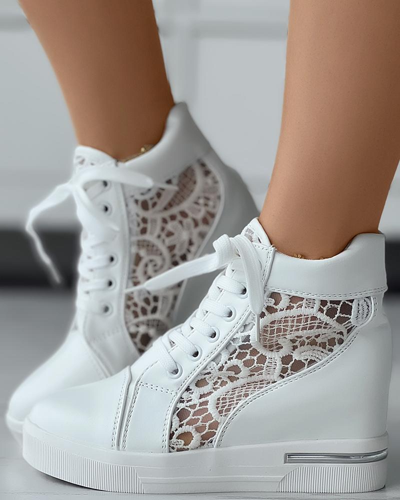 

Lace Patch Hidden Wedge Shoes, White