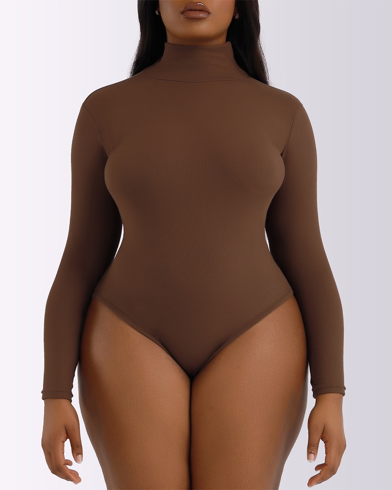 

Long Sleeve High Neck Skinny Bodysuit, Brown