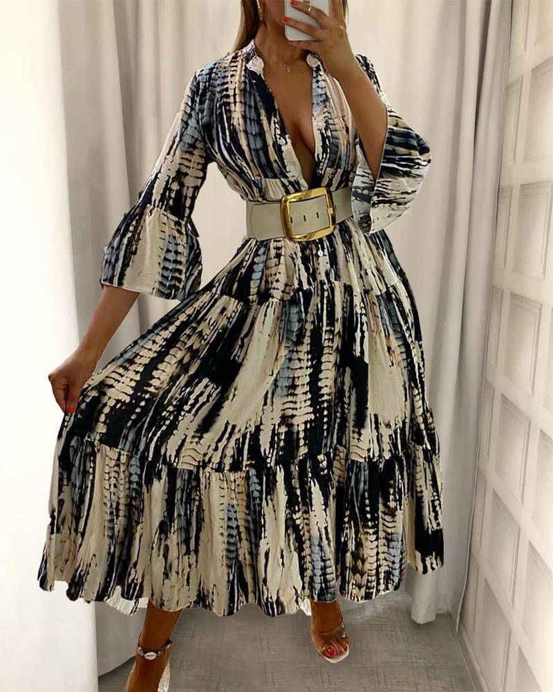 

Tie Dye Print Bell Sleeve Flowy Maxi Swing Dress, Black