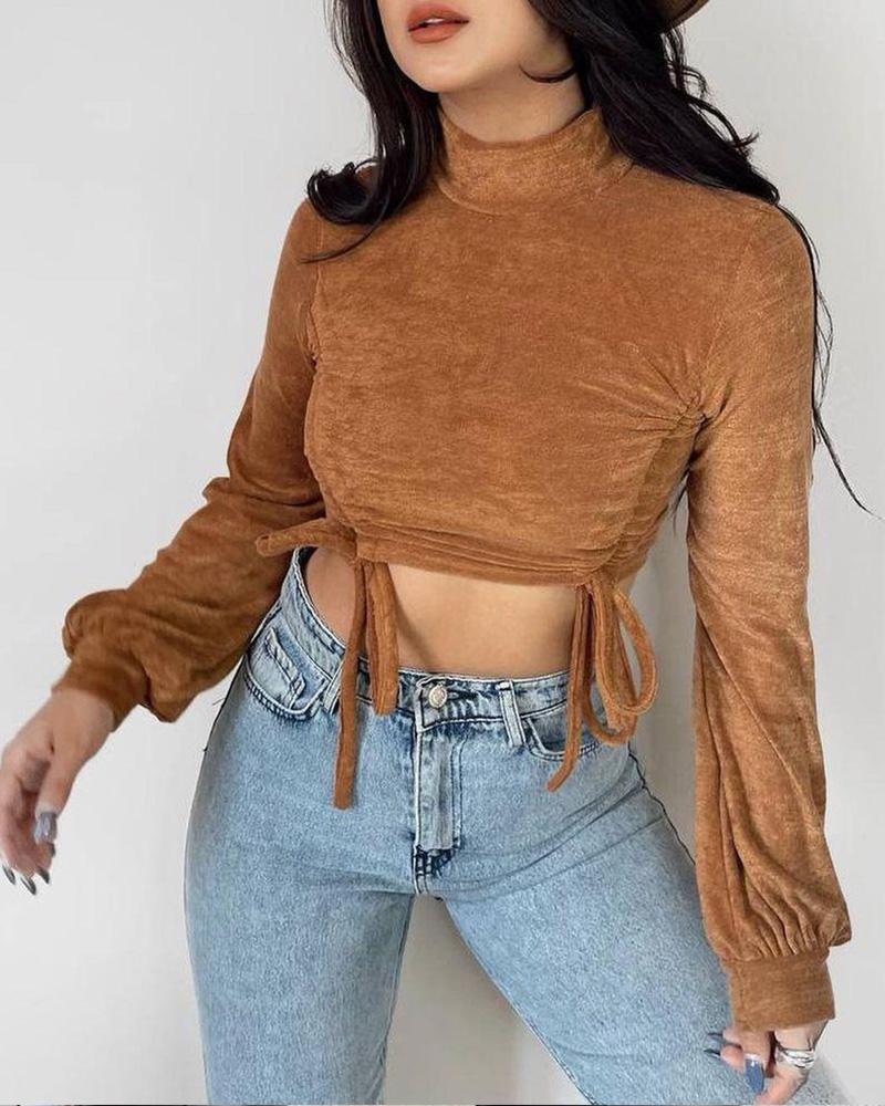 

Long Sleeve Drawstring Ruched Velvet Crop Top, Brown