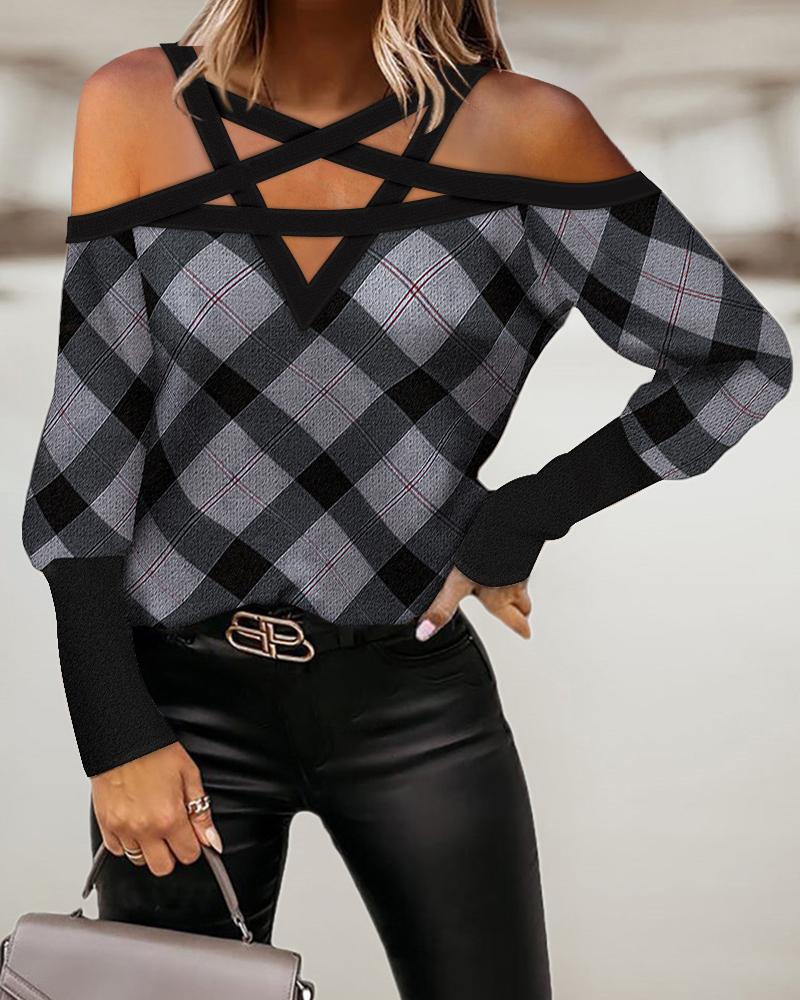 

Plaid Print Crisscross Cold Shoulder Top, Black