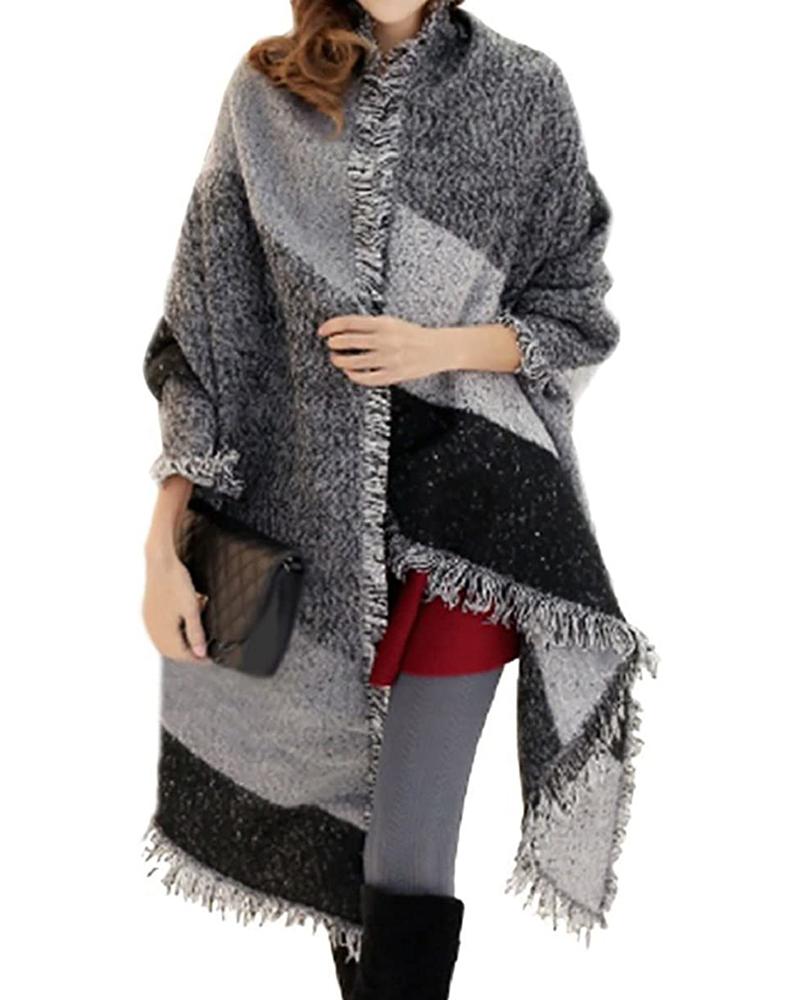 

Women's Open Front Boho Oversized Plaid Tassel Poncho Shawl Wrap Winter Warm Scarf, Gray