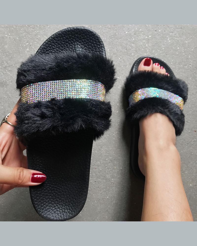

Krystal Glitter Fluffy Upper Platform Slippers Sandals, Black