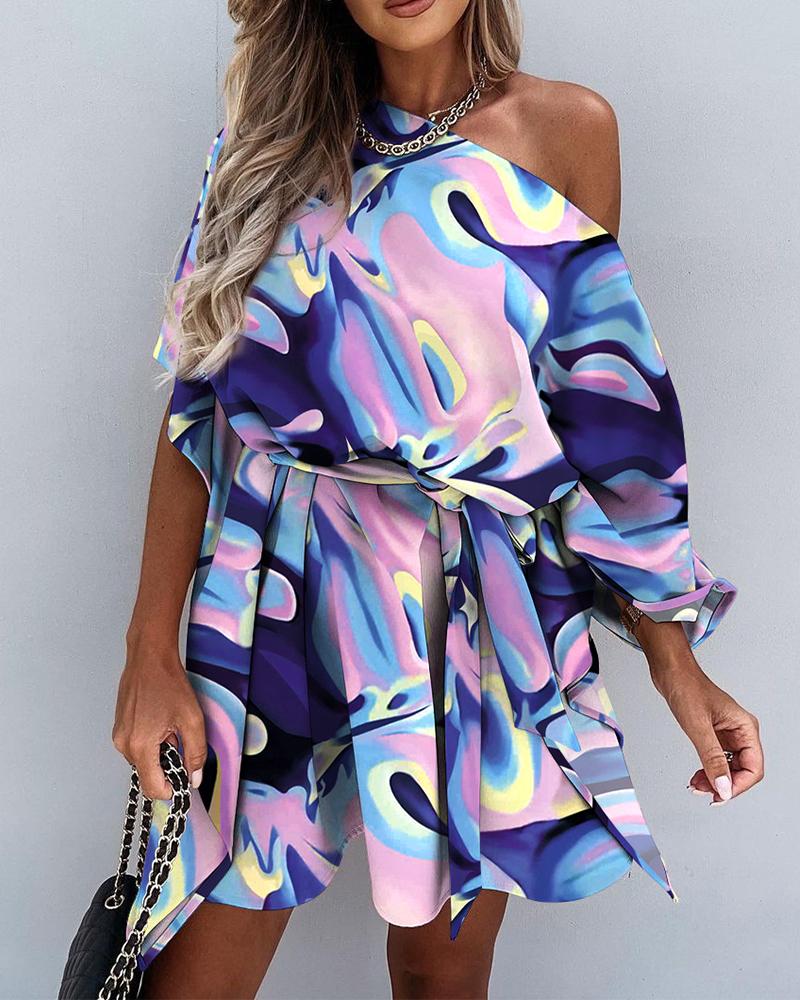 

Abstract Print Skew Neck Half Sleeve Dress, Multicolor