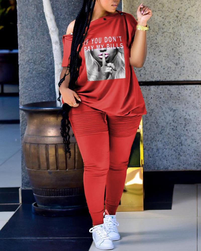 

Slogan Print Casual Top & Pants Set, Red