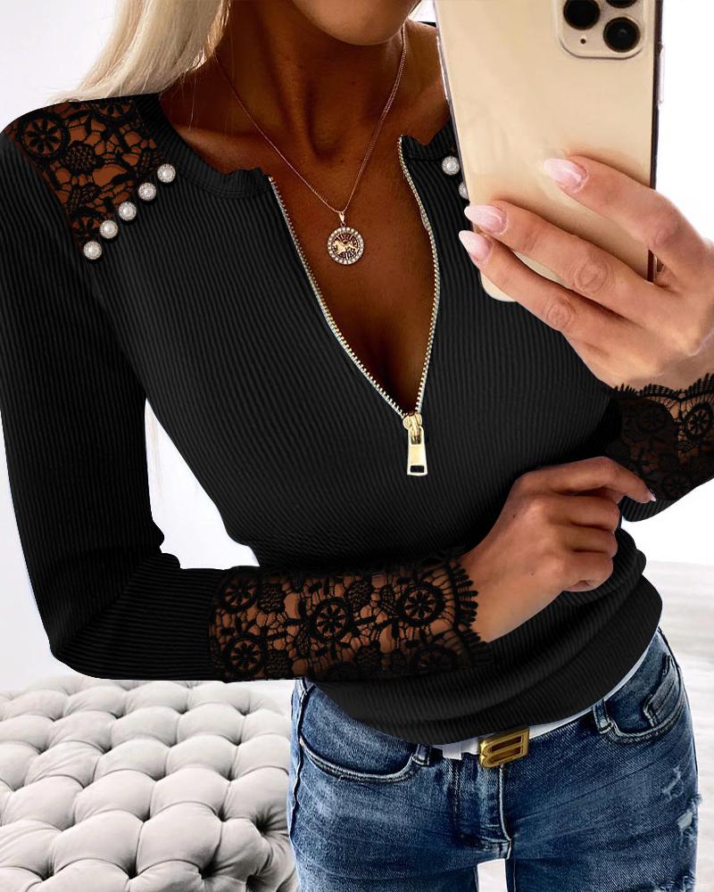 

Contrast Lace Beaded Round Neck Long Sleeve Front Zipper Knit Pullover Casual Top, Black