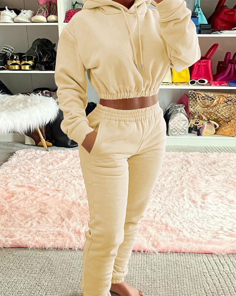 

Long Sleeve Crop Drawstring Hoodie & Sweatpants Set, Yellow