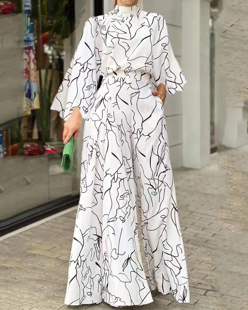 

Abstract Figure Print Long Sleeve Wide Leg Jumpsuit, White