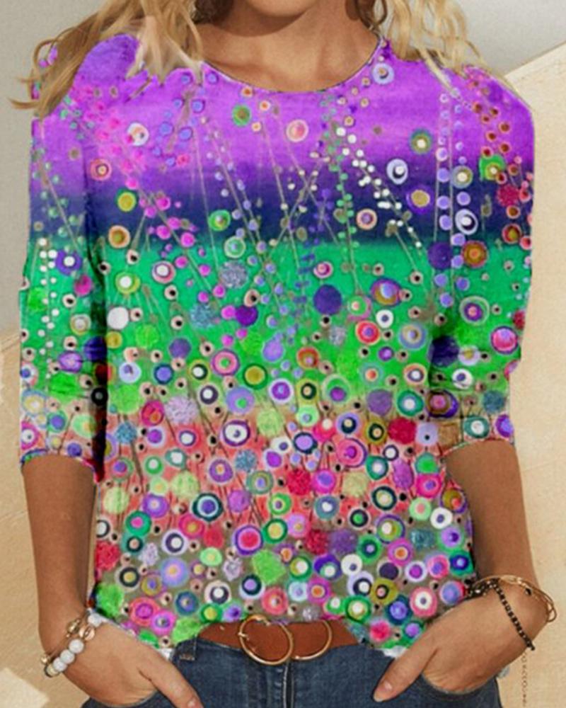 

Multicolor Flower Print Long Sleeve Loose T-shirts, Style4