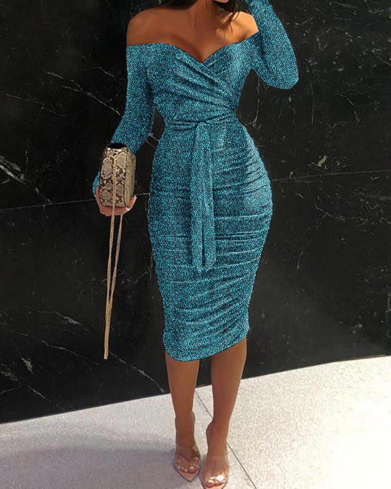 

Off Shoulder Tied Detail Ruched Glitter Party Dress, Blue